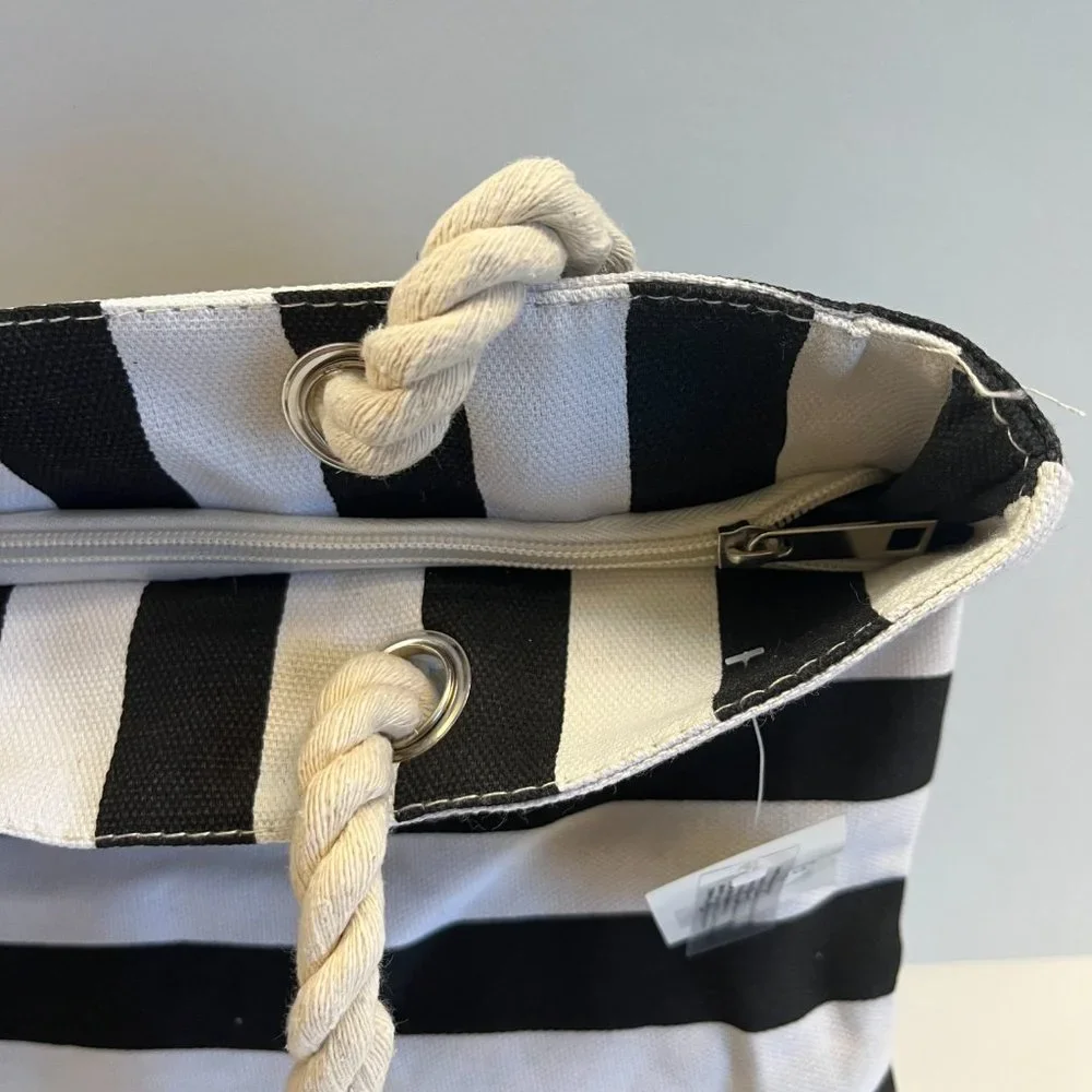 Beachy Striped Tote Bag/ Overnight Bag - Black/White- NWT